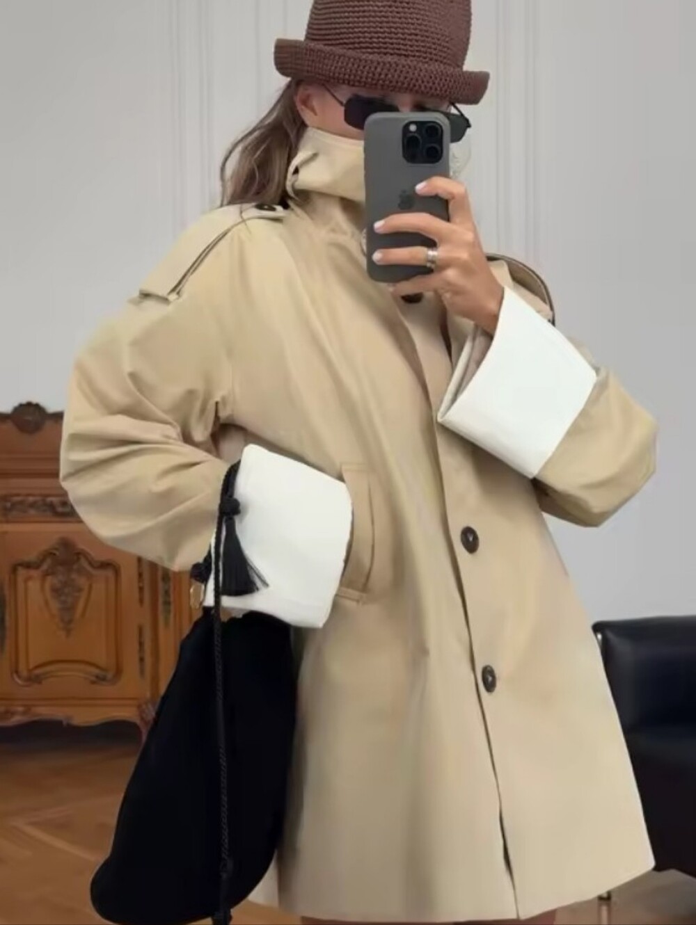 Women Chic Stand Collar Belted Trench Coat Casual Contrast Cuff Single Breasted - Picture 3 of 7